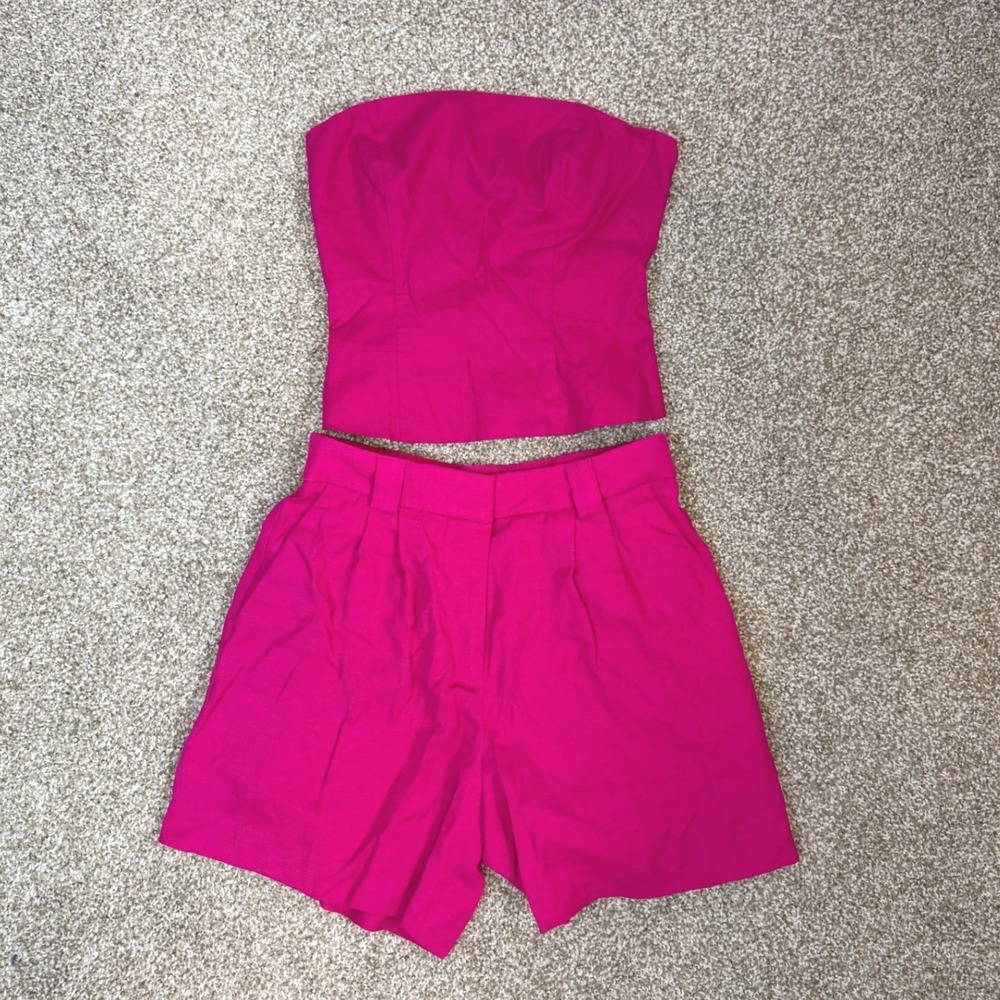 Express Hot Pink Linen Blend Shorts Tube Top Set Womens XS/S Resort Vacation